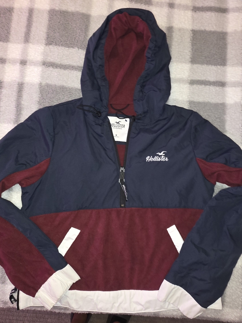 Hollister Navy and Burgundy Half-Zip Hooded Bomber Jacket